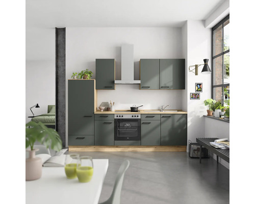 NOBILIA Küchenzeile mit Geräten Urban 270 cm Frontfarbe mineralgrün matt Korpusfarbe eiche sierra Variante links