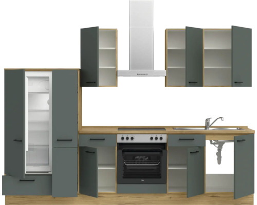 Komplette Küchenzeile mit Kühlschrank, Spüle, Herd und Dunstabzugshaube