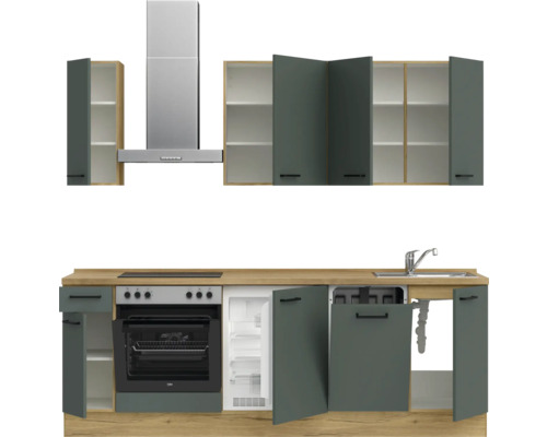 Küchenzeile mit Spüle, Herd, Backofen, Kühlschrank, Geschirrspüler und Dunstabzugshaube