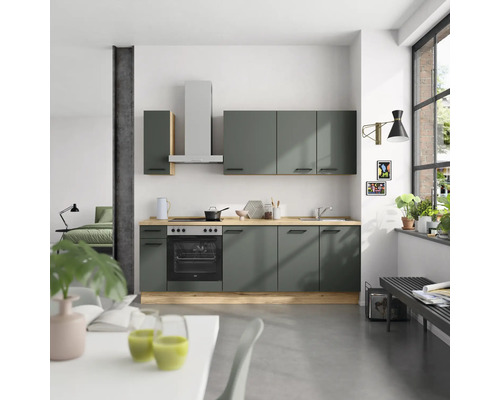 NOBILIA Küchenzeile mit Geräten Urban 240 cm Frontfarbe mineralgrün matt Korpusfarbe eiche sierra Variante links