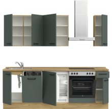 Komplette Küchenzeile mit Spüle, Kühlschrank, Backofen, Kochfeld und Dunstabzugshaube