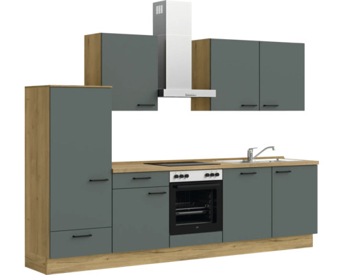 Komplette Küchenzeile mit Hängeschränken, Spüle, Herd und Dunstabzugshaube