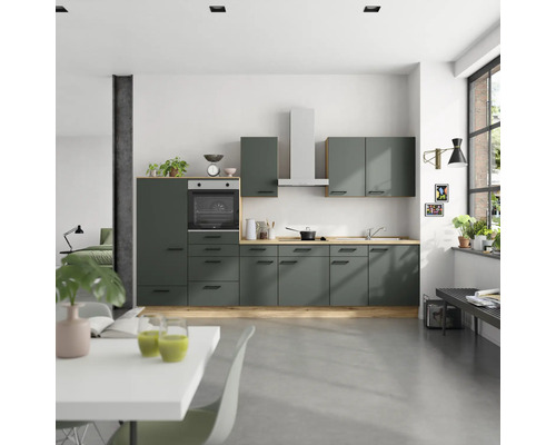 NOBILIA Küchenzeile mit Geräten Urban 330 cm Frontfarbe mineralgrün matt Korpusfarbe eiche sierra Variante links
