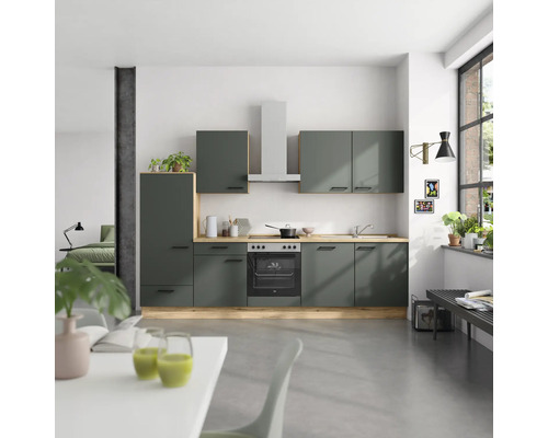 NOBILIA Küchenzeile mit Geräten Urban 300 cm Frontfarbe mineralgrün matt Korpusfarbe eiche sierra Variante links
