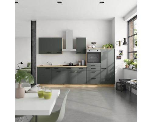 NOBILIA Küchenzeile mit Geräten Urban 330 cm mineralgrün matt vormontiert Variante rechts