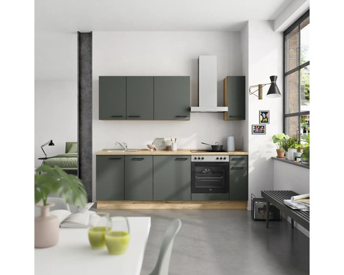 NOBILIA Küchenzeile mit Geräten Urban 240 cm Frontfarbe mineralgrün matt Korpusfarbe eiche sierra Variante rechts