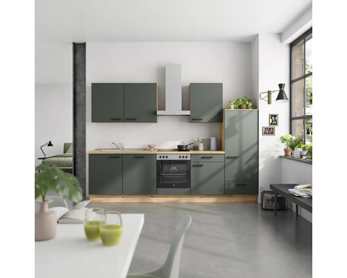 NOBILIA Küchenzeile mit Geräten Urban 300 cm Frontfarbe mineralgrün matt Korpusfarbe eiche sierra Variante rechts