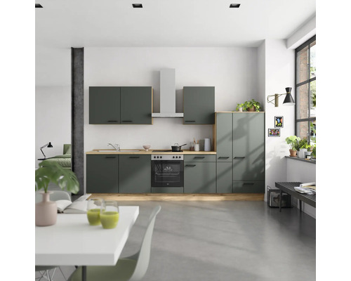 NOBILIA Küchenzeile mit Geräten Urban 330 cm Frontfarbe mineralgrün matt Korpusfarbe eiche sierra Variante rechts