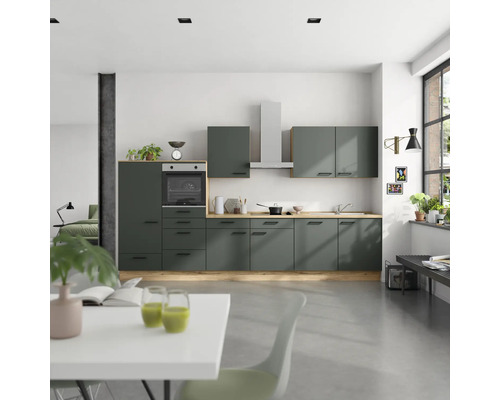 NOBILIA Küchenzeile mit Geräten Urban 360 cm Frontfarbe mineralgrün matt Korpusfarbe eiche sierra Variante links