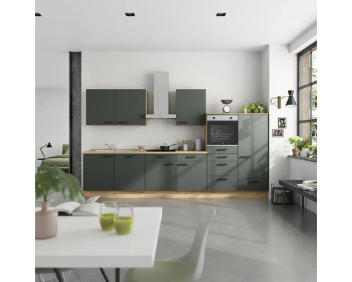 NOBILIA Küchenzeile mit Geräten Urban 360 cm Frontfarbe mineralgrün matt Korpusfarbe eiche sierra Variante rechts