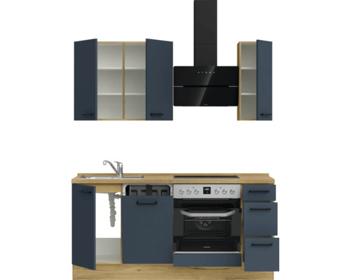 Komplette Küchenzeile mit Spüle, Kochfeld, Backofen, Dunstabzugshaube und Schränken