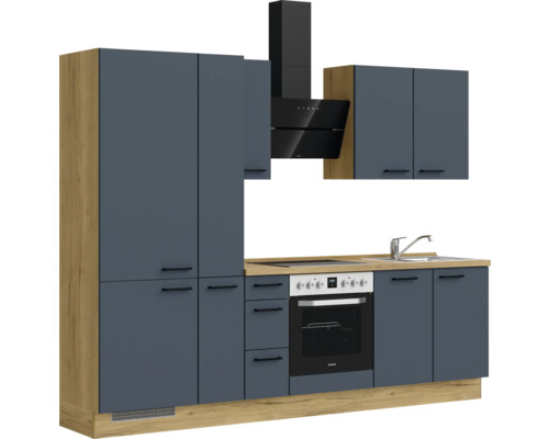 Moderne Küche mit Dunstabzugshaube, Spüle, Herd, Backofen und Schränken.