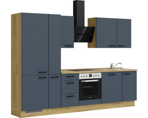 Küchenzeile mit Hängeschränken, Dunstabzugshaube und Einbaubackofen