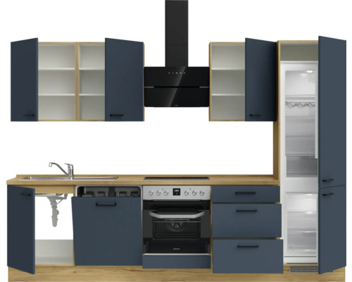 Komplette Küche mit Spüle, Geschirrspüler, Herd, Dunstabzugshaube, Hängeschränken und Kühlschrank