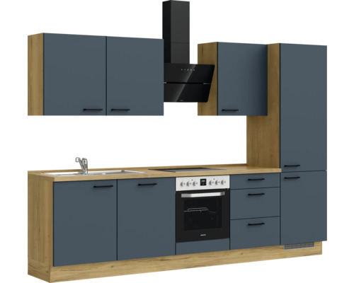 Komplette Küche mit Ober- und Unterschränken, Spüle, Herd und Dunstabzugshaube