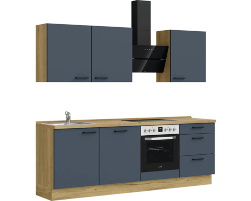 Küchenzeile mit Spüle, Kochfeld, Backofen und Dunstabzugshaube