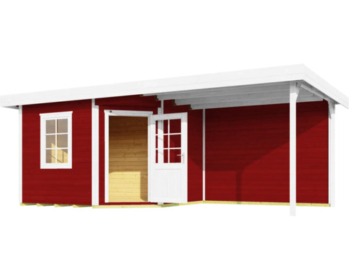 Rotes Gartenhaus aus Holz mit Fenster und geöffneter Tür