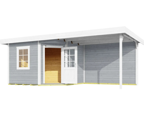 Gartenhaus aus Holz mit Fenster und offener Tür