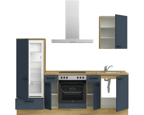 Komplette Küche mit Kühlschrank, Herd, Dunstabzugshaube, Spüle und Schränken