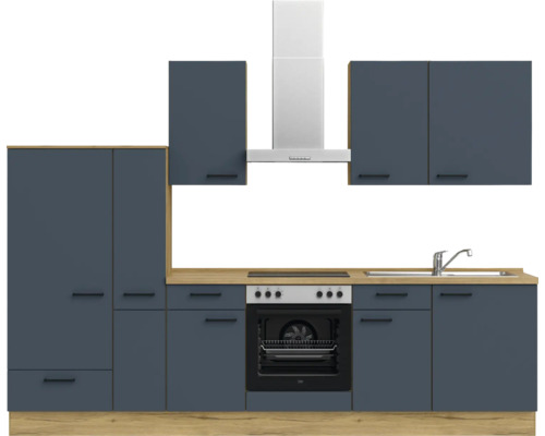 Komplette Küchenzeile mit Ober- und Unterschränken, Dunstabzugshaube, Spüle und Elektroherd