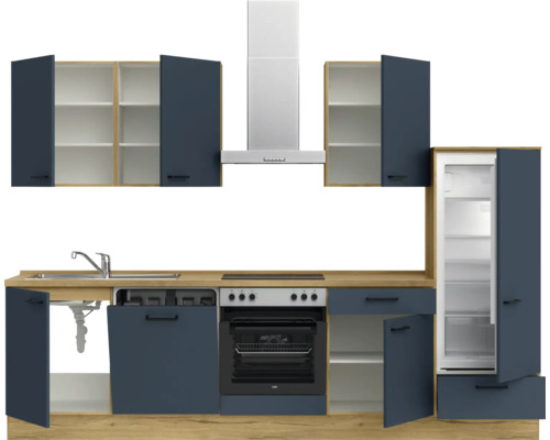 Küchenzeile mit Spüle, Geschirrspüler, Herd, Backofen, Dunstabzugshaube und Kühlschrank