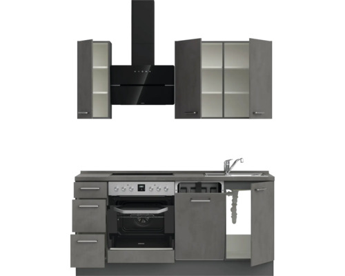 Küchenzeile mit Spüle, Herd, Dunstabzugshaube und Hängeschränken