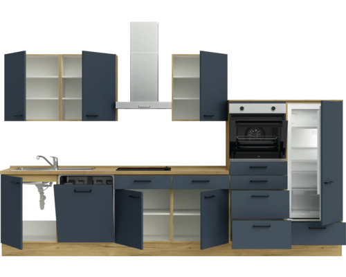 Komplette Küche mit Spüle, Dunstabzugshaube, Backofen und Kühlschrank