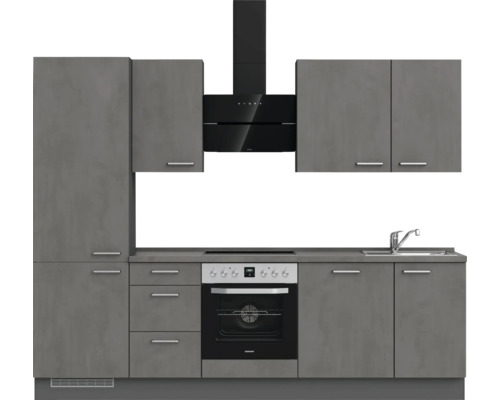 Graue Küchenzeile mit Spüle, Herd, Ofen und Dunstabzugshaube
