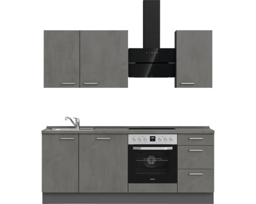 Komplette Küchenzeile mit Spüle, Herd, Dunstabzugshaube und Schränken