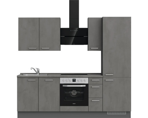 Komplette Küchenzeile mit Spüle, Herd, Dunstabzugshaube und Schränken