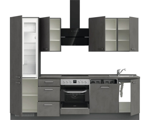 Küchenzeile mit Kühlschrank, Dunstabzugshaube, Herd und Spüle