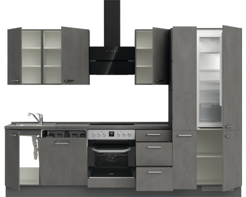 Komplette Küche mit Spüle, Herd, Dunstabzugshaube, Schubladen, Schränken und Kühlschrank