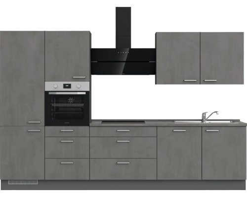 Komplette Küche mit Schränken, Schubladen, Spüle, Herd, Ofen und Dunstabzugshaube