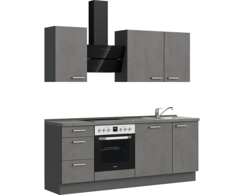 Komplette Küche mit Hängeschränken, Dunstabzugshaube, Spüle und Elektroherd