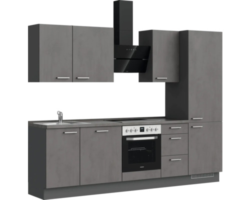 Graue Küchenzeile mit Spüle, Herd, Backofen, Dunstabzugshaube und Hängeschränken