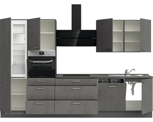 Komplette Küche mit Kühl-Gefrierkombination, Backofen, Dunstabzugshaube, Kochfeld, Spüle und Geschirrspüler.