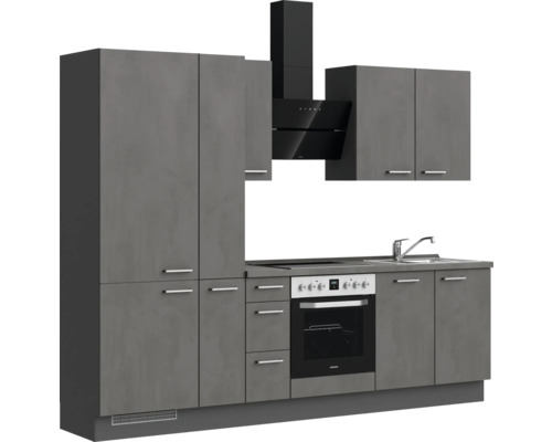 Küchenzeile mit Ober- und Unterschränken, Dunstabzugshaube und Spüle