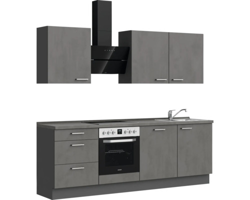 Komplette Küchenzeile mit Hängeschränken, Dunstabzugshaube, Spüle und Elektrogeräten