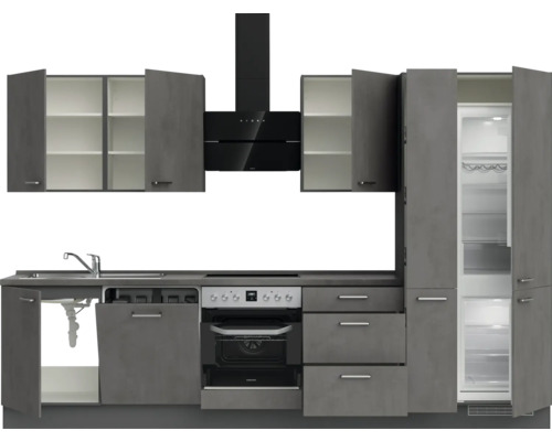 Küchenzeile mit Spüle, Geschirrspüler, Herd, Dunstabzugshaube, Hängeschränken und Kühlschrank