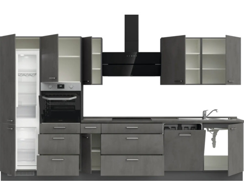 Komplette Küche mit Kühlschrank, Backofen, Dunstabzugshaube, Spüle und Schränken