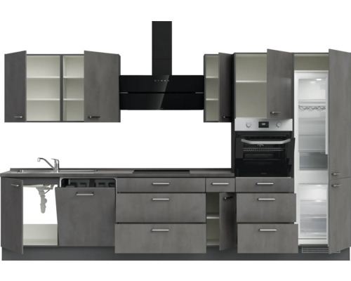 Komplette Küche mit Spüle, Spülmaschine, Schubladen, Schränken, Dunstabzugshaube, Backofen und Kühlschrank