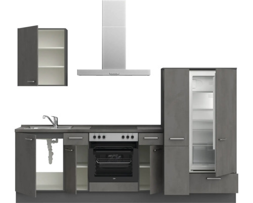 Küchenzeile mit Spüle, Kochfeld, Backofen, Kühlschrank und Dunstabzugshaube