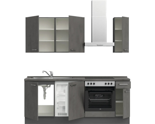 Komplette Küche mit Spüle, Kühlschrank, Herd, Backofen, Dunstabzugshaube und Schränken