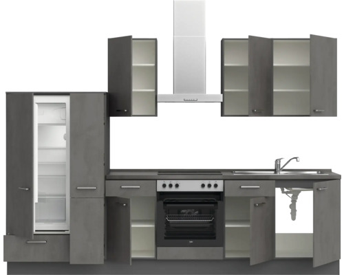 Einbauküche mit Kühlschrank, Herd, Spüle und Dunstabzugshaube