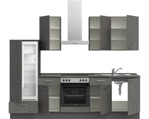 Komplette Küchenzeile mit Hängeschränken, Dunstabzugshaube, Spüle, Herd und Kühlschrank