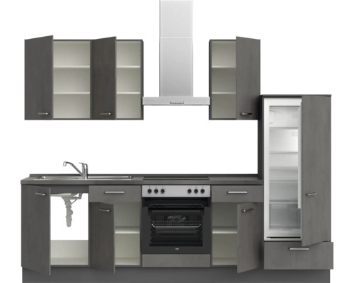 Komplette Küchenzeile mit Spüle, Herd, Dunstabzugshaube, Kühlschrank und Hängeschränken