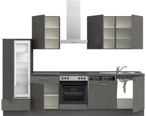 Komplette Küchenzeile mit Spüle, Herd, Dunstabzugshaube und Kühlschrank