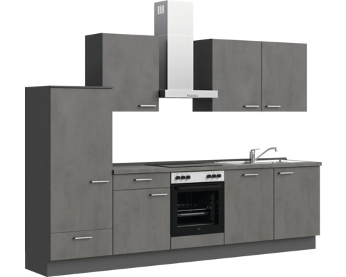 Küchenzeile mit Hängeschränken, Dunstabzugshaube, Spüle und Einbauherd