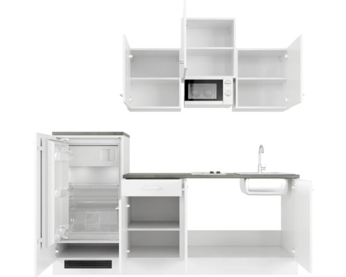 Küchenzeile mit Spüle, Kühlschrank und Mikrowelle