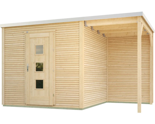 Holzgartenhaus mit Überdachung und Tür mit Fenstern